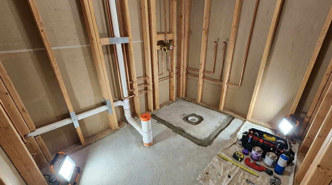 Bathroom rough-in plumbing during remodel by Johns Plumbing LLC in Veedersburg