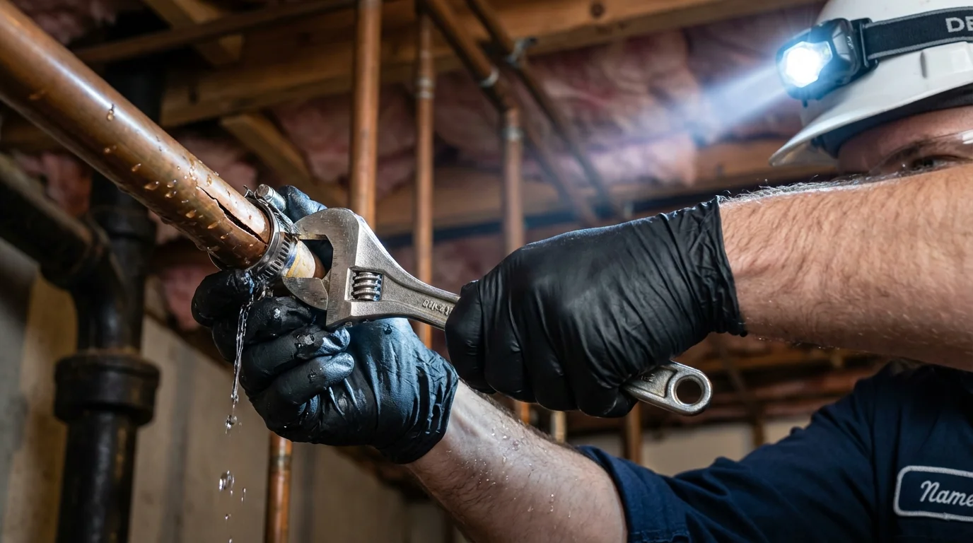 Emergency pipe clamp repair being performed by a Johns Plumbing LLC plumber in Veedersburg