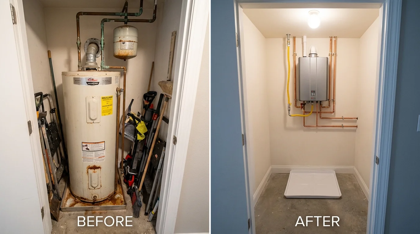 Tank water heater versus wall-mounted tankless unit comparison for Veedersburg, IN homeowners