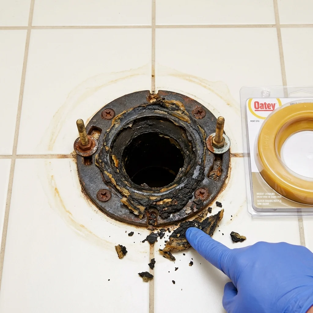 Failed wax ring showing water seepage at the base of a toilet in a Veedersburg, IN home