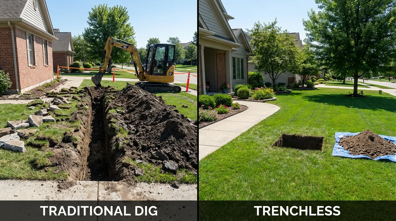 Trenchless sewer repair with minimal yard damage versus traditional excavation in Veedersburg, IN