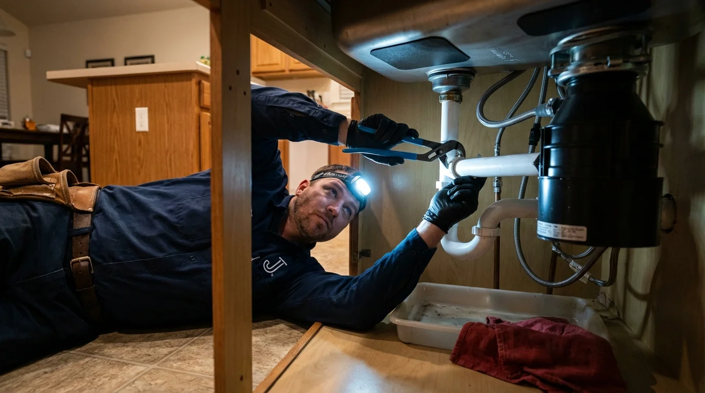 P-trap and supply line connections under a kitchen sink showing a common leak point in Veedersburg, IN